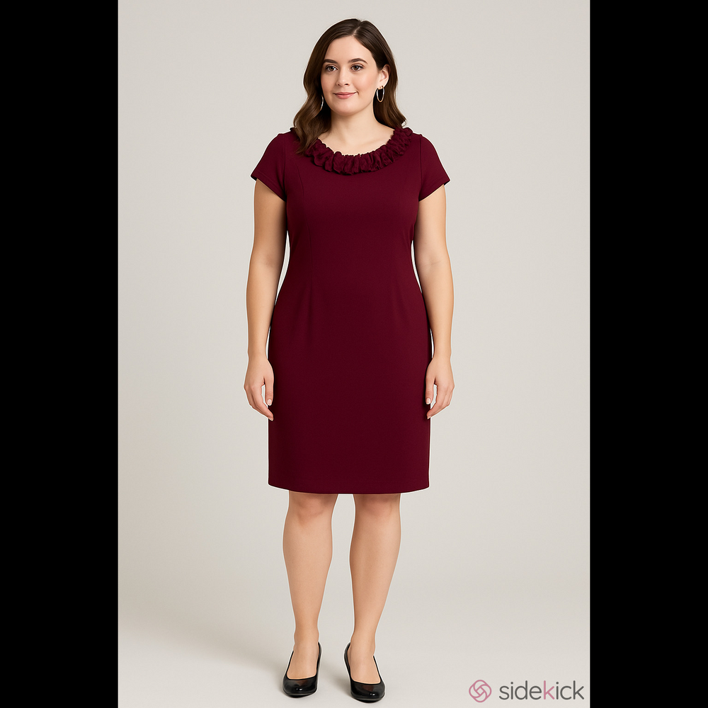 Dress Barn Short Sleeve Dress Neck Ruffle Detail Fully Lined Size 6 Colour Plum